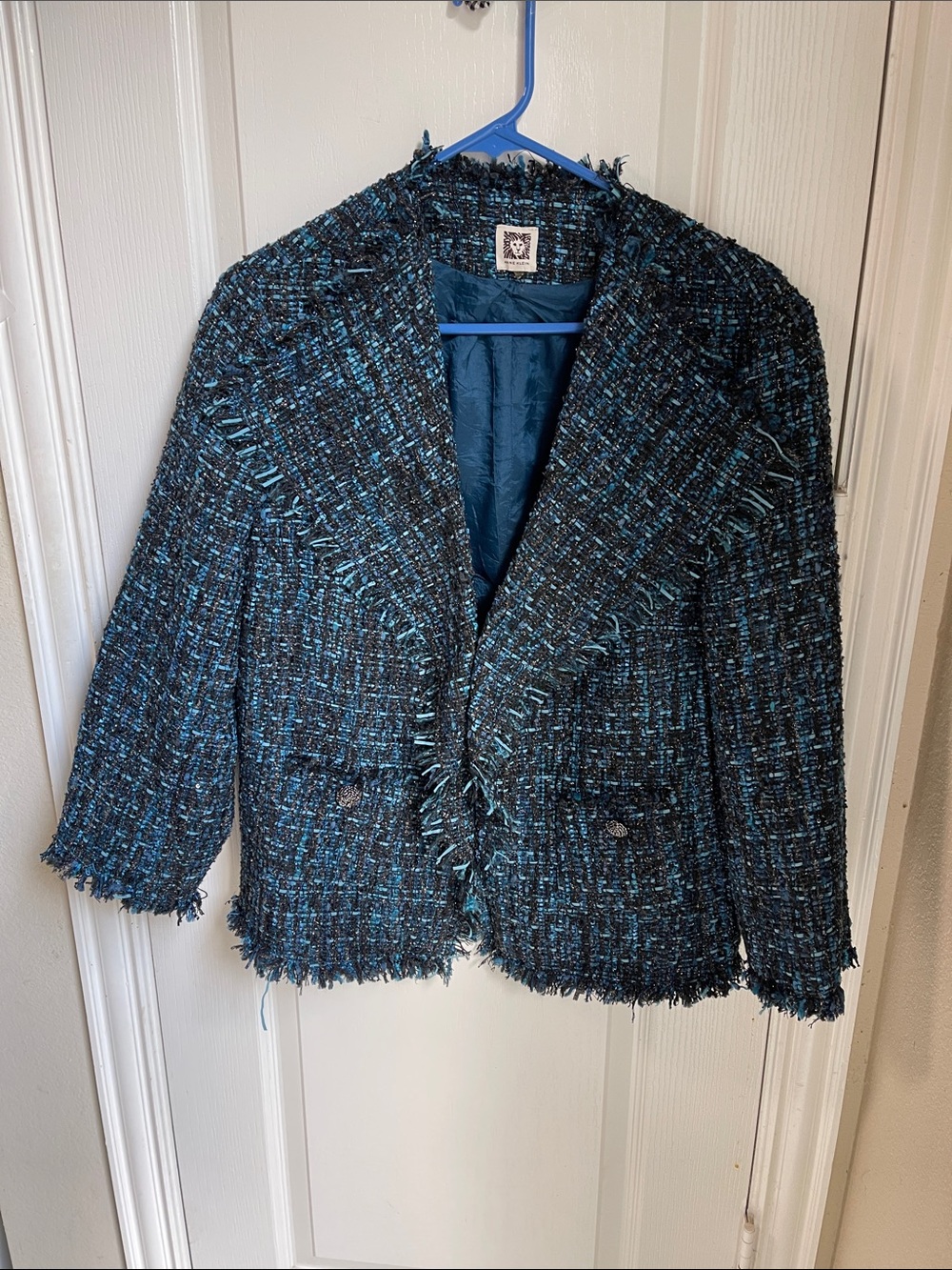 Anne Klein Teal & Black Bouclé Fringe Blazer